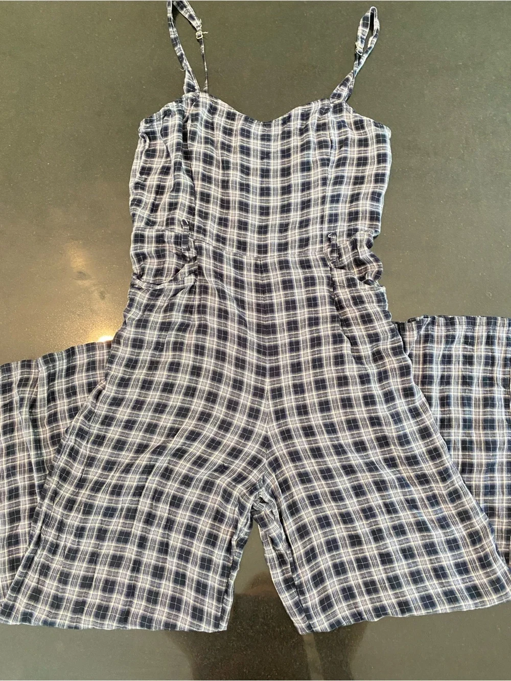 Hollister Navy White Plaid Romper Flare Wide Leg Soft Comfy Lightweight Size L - Picture 1 of 12